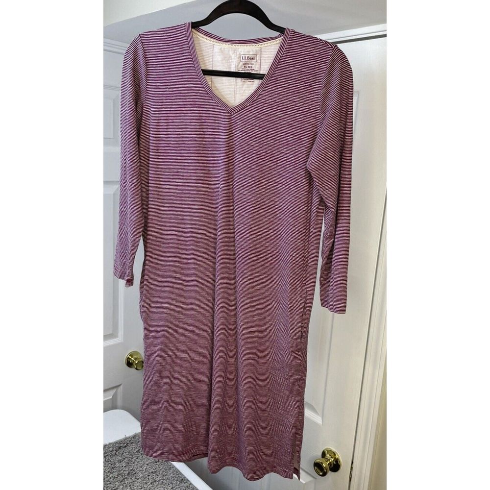 LL Bean Women Organic Cotton Red White Stripe L/S Shirt V-Neck Dress size XS.